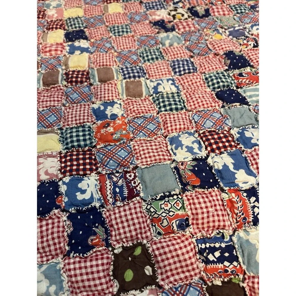 Vintage Yo Yo Yoyo Quilt 80x90 Feedsack Fabrics Handmade 1930’s Cottage Core